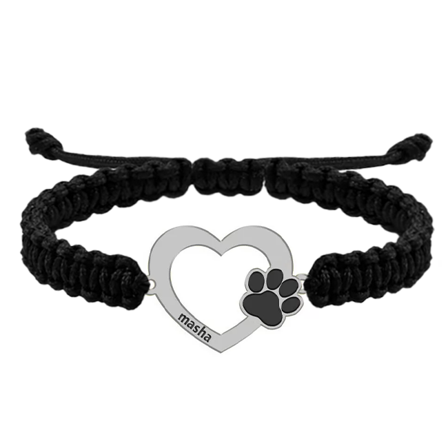 Paw Lover - Bratara personalizata snur impletit inimioara si labuta cu nume gravat din argint 925